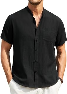 Enlision Linen Shirt Short Sleeve Shirt Men Casual Collarless Summer Henley Shirts Coton Solid Color Button Pocket Beach Wedding S-4XL