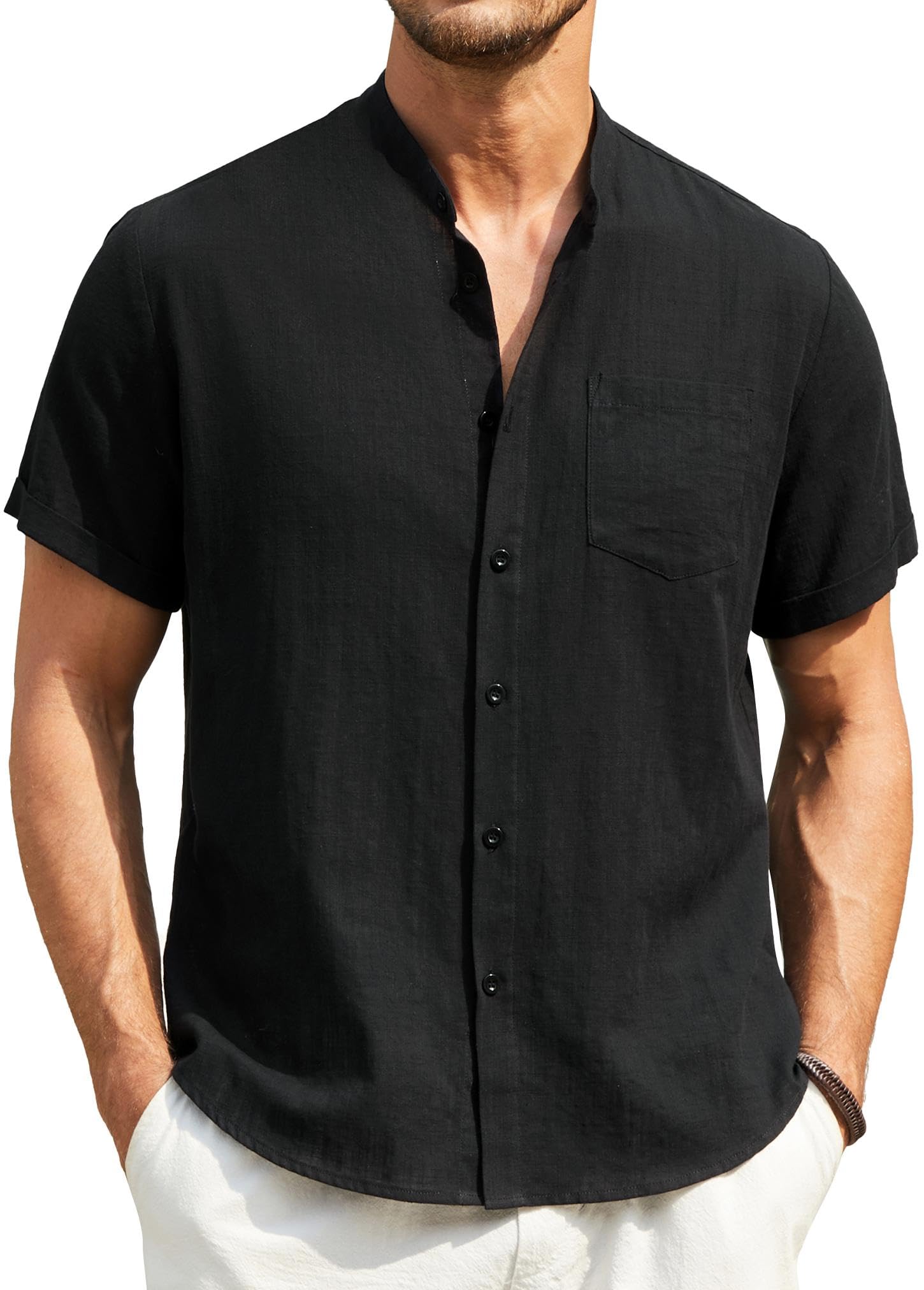 Enlision Linen Shirt Short Sleeve Shirt Men Casual Collarless Summer Henley Shir