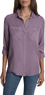 DKNY Women's Splitback Long Sleeve Button Down with Cuffed Sleeve Shirt