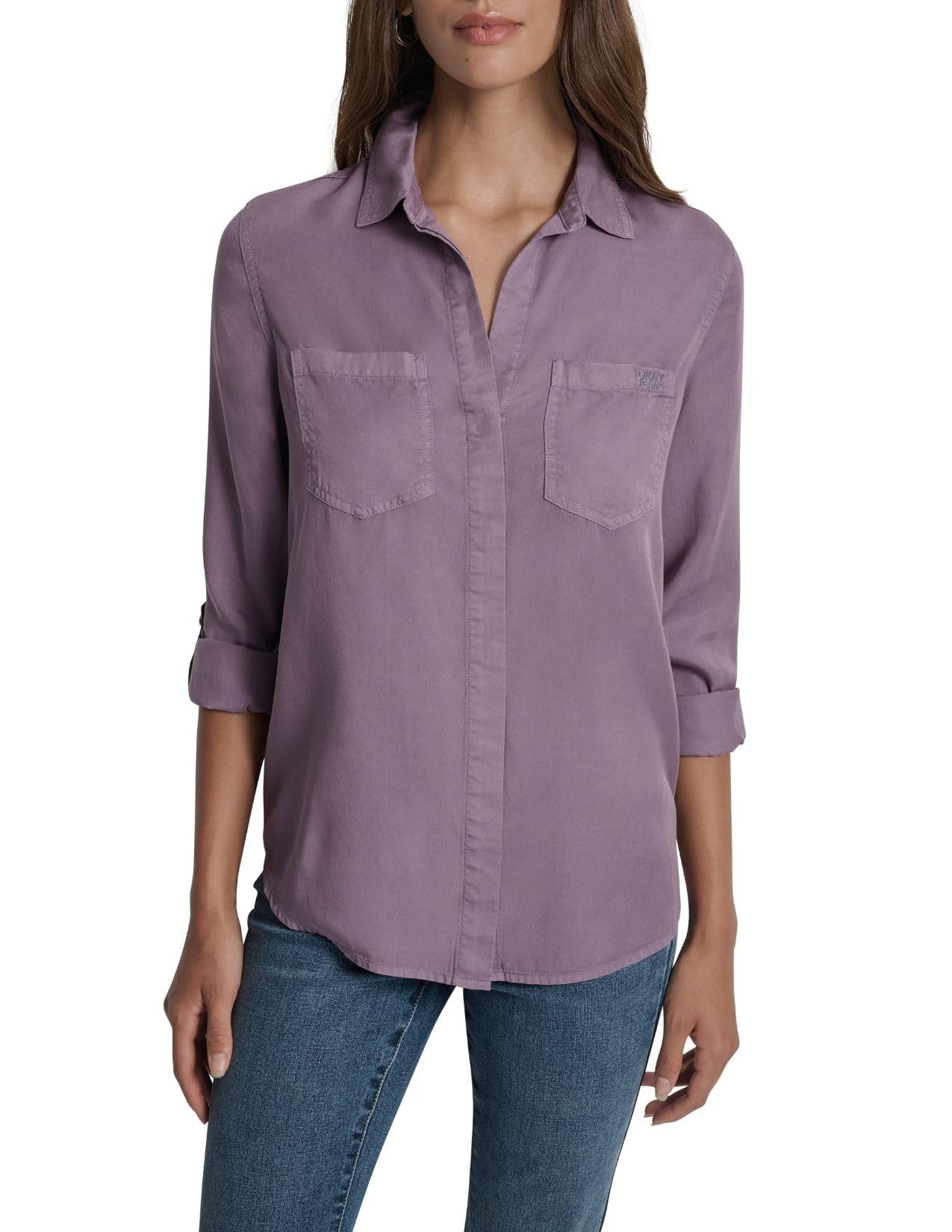 DKNY Women's Splitback Long Sleeve Button Down with Cuffed Sleeve Shirt