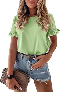 PRETTYGARDEN Women's Short Sleeve Casual T Shirts Summer Ruffle Plain Round Neck Loose Fit Tee Blouse Tops
