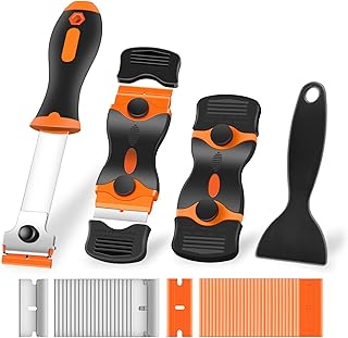 NECAMOCU 4 Pack Razor Blade Scraper, Includes 50 PCS Metal & Plastic Blades | Premium Razor Scraper Tool for Glass, Window, Cooktop, Countertop Cleaning & Sticker, Decal, Paint Removal (Orange)