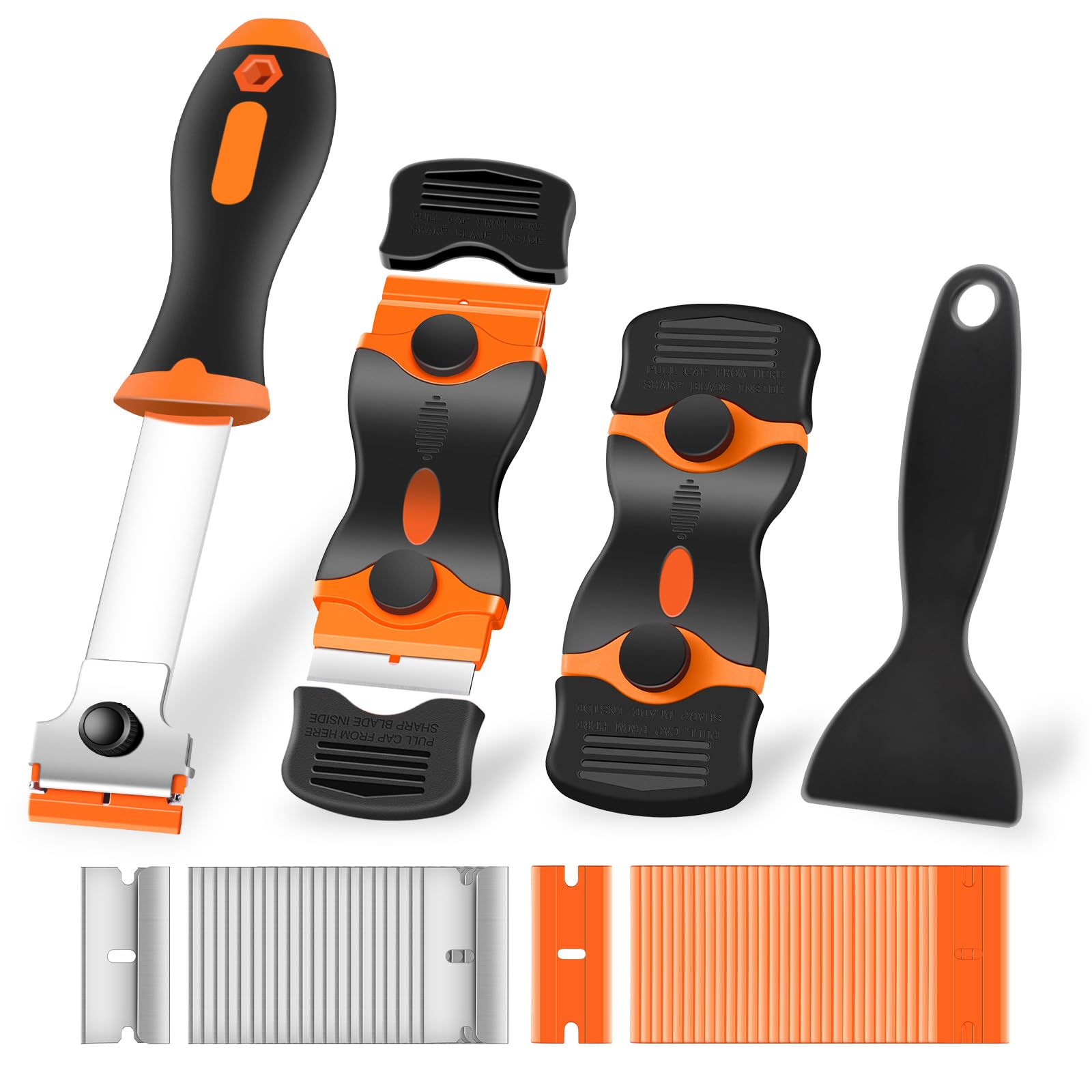 NECAMOCU 4 Pack Razor Blade Scraper, Includes 50 PCS Metal & Plastic Blades | Pr
