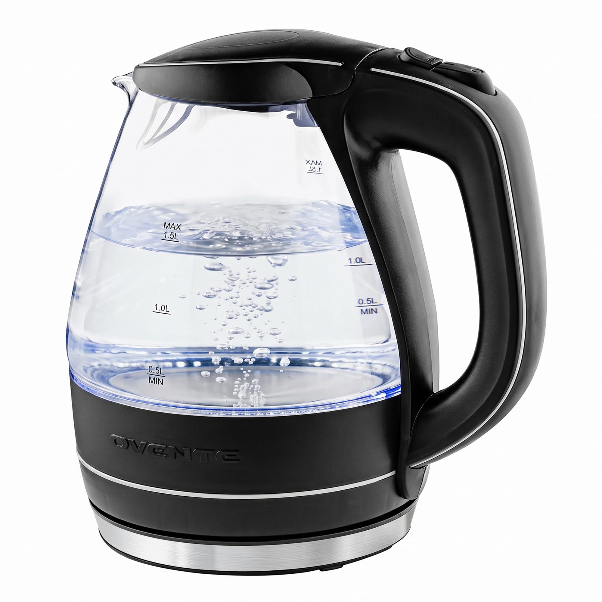 OVENTE 1.5L Glass Electric Kettle Water Boiler, Black KG83B | Fast Boiling, Boro