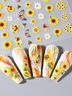 Yellow Sunflower Butterfly Design Nail Art Stickers for Women 5D Embossed Self Adhesive Cute Flower Animal Nail Decal Fashion Spring Summer Nail Supplies Decoration