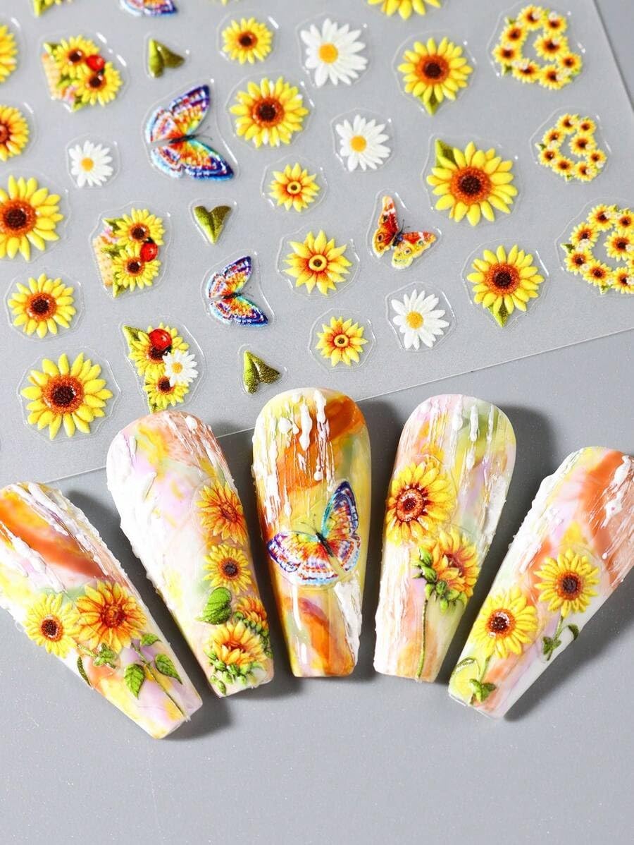 Yellow Sunflower Butterfly Design Nail Art Stickers for Women 5D Embossed Self A