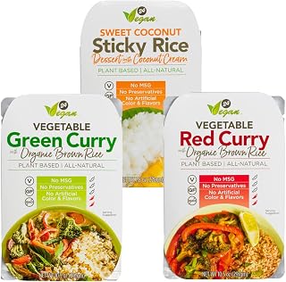 24 Vegan Rice Sampler Pack - Green Curry, Red Curry and Coconut Sticky Rice - Plant Based Meal Kits