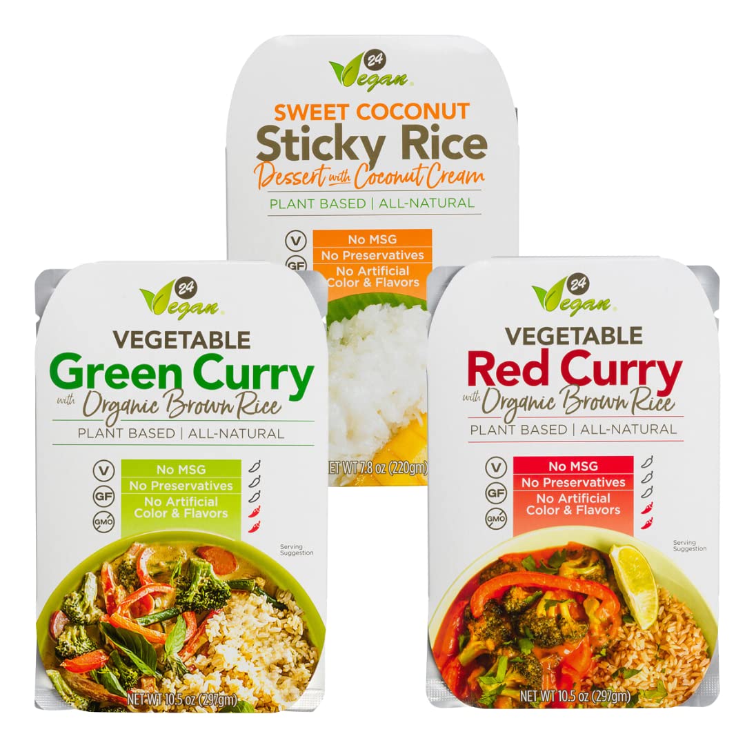 24 Vegan Rice Sampler Pack - Green Curry, Red Curry and Coconut Sticky Rice - Pl