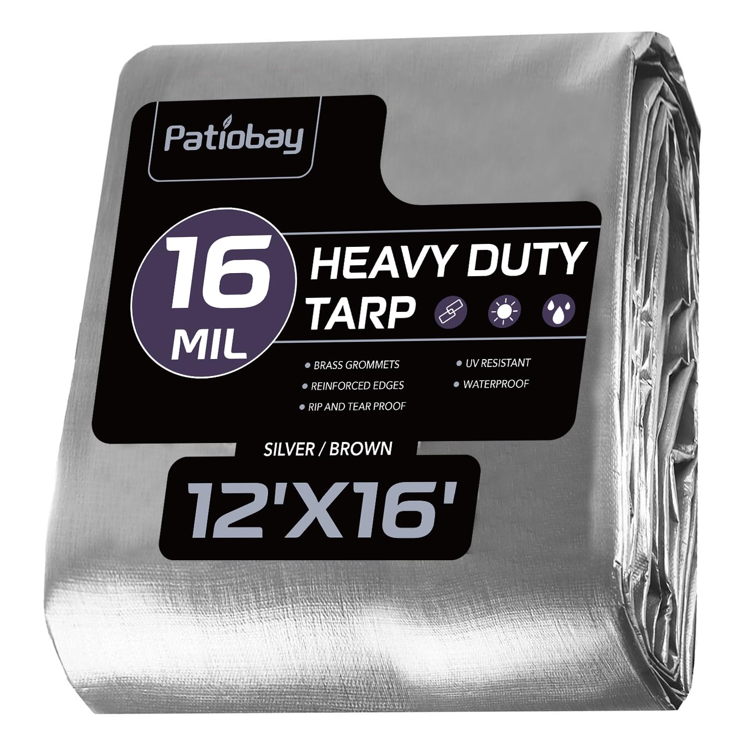 Patiobay Large Tarp 12x16 FT 16 Mil Heavy Duty Waterproof Tarps Silver | 420D Th