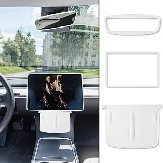 3pcs Car Accessories for Tesla Model 3 Model y, Silicone Screen Protector Frame Center Console Wireless Charging Silicone Pad Interior Rear View Mirror Cover (White)
