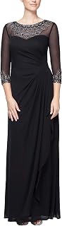 Alex Evenings Women's Long A-line Mother of The Bride Dress with Illusion Neck and Sleeves (Petite and Regular Sizes)
