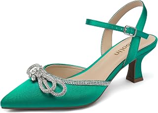 DOBOLIN Wide Width Kitten Heels for Women Rhinestone Bow Pointed Toe Pumps