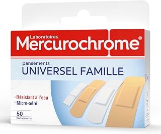 MERCUROCHROME Universal Family Plasters - Water Resistant, 50 units | No. 1 First Aid brand, micro ventilated, protects small injuries, water resistant, 3 sizes, adults/children over 2 years