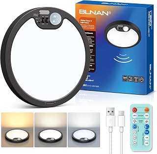 BLNAN Rechargeable Motion Sensor Ceiling Light with Remote | 3000K 4000K 5000K Selectable, 7000mAh Battery Operated Ceiling Light, Auto/ON/G Mode, Black, 8.7Inch 1Pack