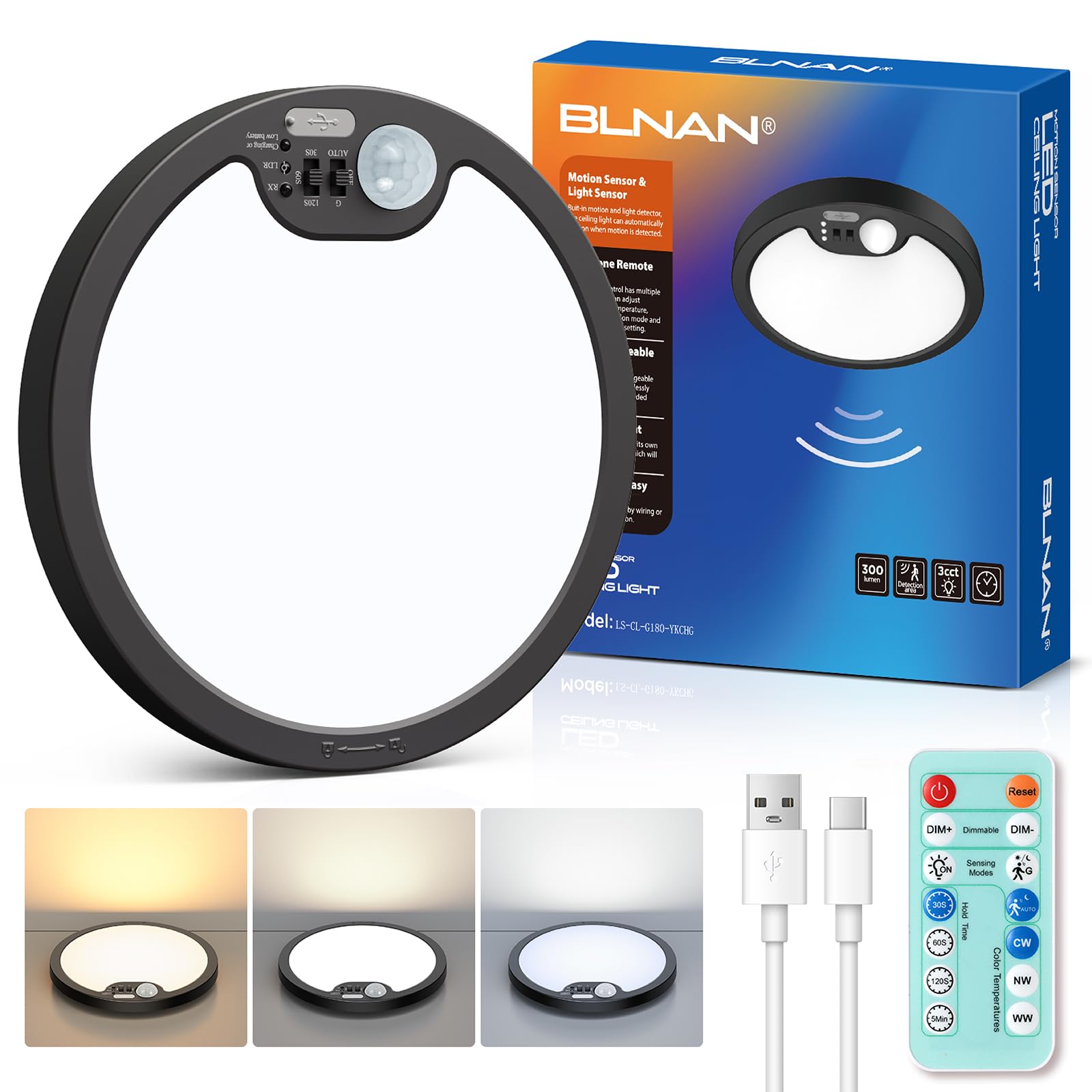 BLNAN Rechargeable Motion Sensor Ceiling Light with Remote | 3000K 4000K 5000K S