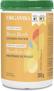 Organika Chicken Bone Broth Powder with Ginger- Free Range and Vegetarian Fed Chickens- Keto Friendly, High Protein and Mineral Content- 300g