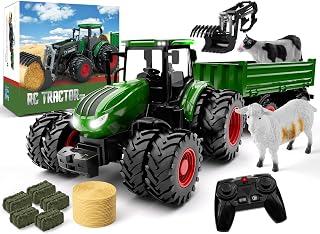 WELIN Remote Control Tractor and Trailer Toys for Kids | RC Tractor Playset with Metal Car Head/Lights/8 Wheels/Front Loader, Fun Farm Truck Vehicles Toy Set Gifts for Boys Ages 3+