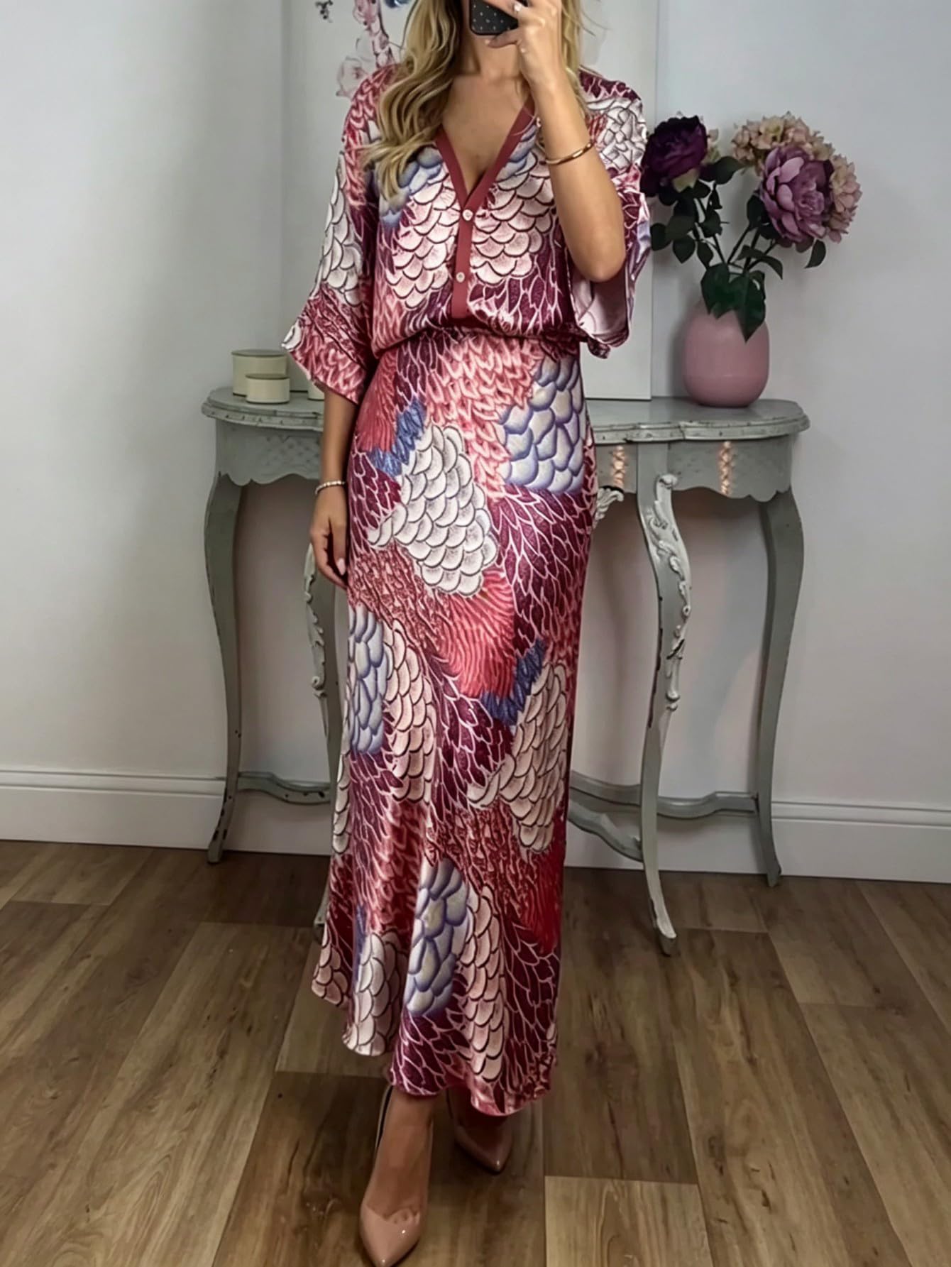 Women 2 Piece Floral Print V Neck Batwing Sleeve Blouse + Maxi Skirt High Waist 