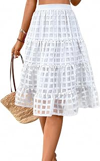 Women's Elastic High Waist Midi Skirt Knee Length Skirts for Women Patchwork Skirt Flowy Ruffle Flared Skirts DJ554