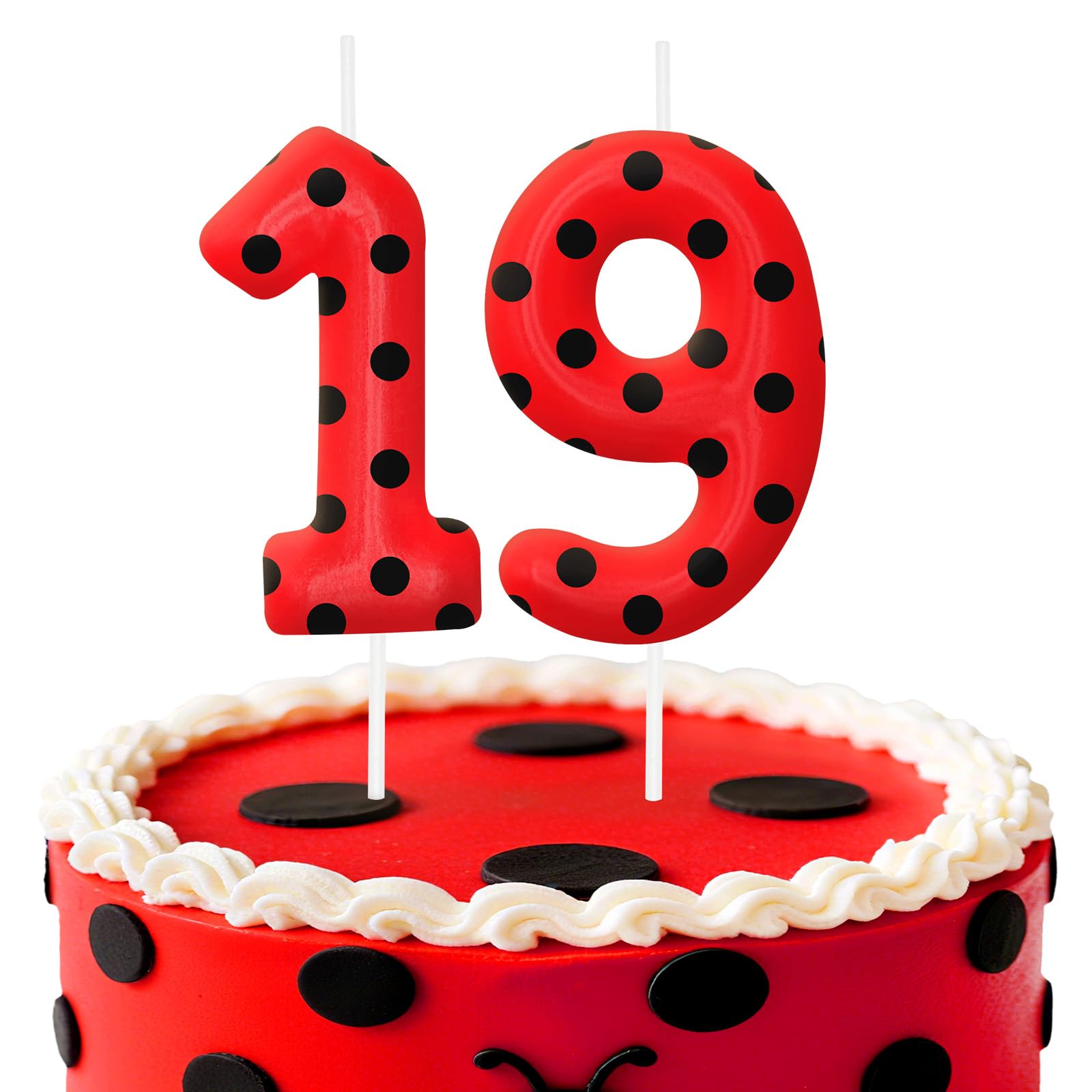 Ladybug Number 19 Birthday Candles, Red and Black Polka Dot Cake Topper for Boys