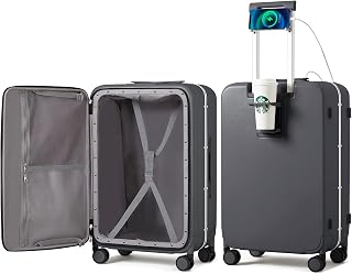 mixi Large Checked Luggage with Cup Phone Holder and Charger Hard Shell Suitcases with Spinner Wheels, 26 Inch Rock Gray
