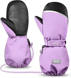 MCTi Kids Mittens Waterproof Winter Ski Warm Sherpa Lined Long Cuff with String Grayish Purple XS