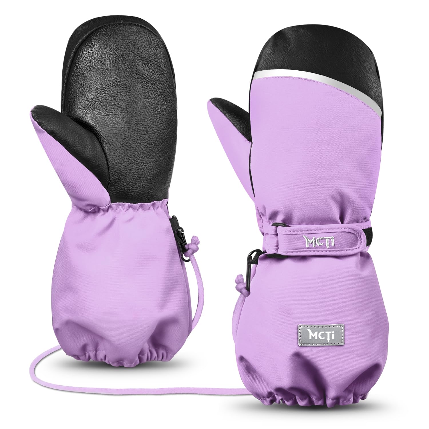 MCTi Kids Mittens Waterproof Winter Ski Warm Sherpa Lined Long Cuff with String 