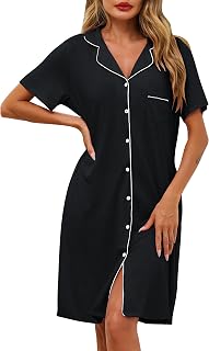 Lovasy Women's Cotton Nightgown Summer Short Sleeve Nursing Dress with V Neck Pajamas Robe Buttons Front with Pockets