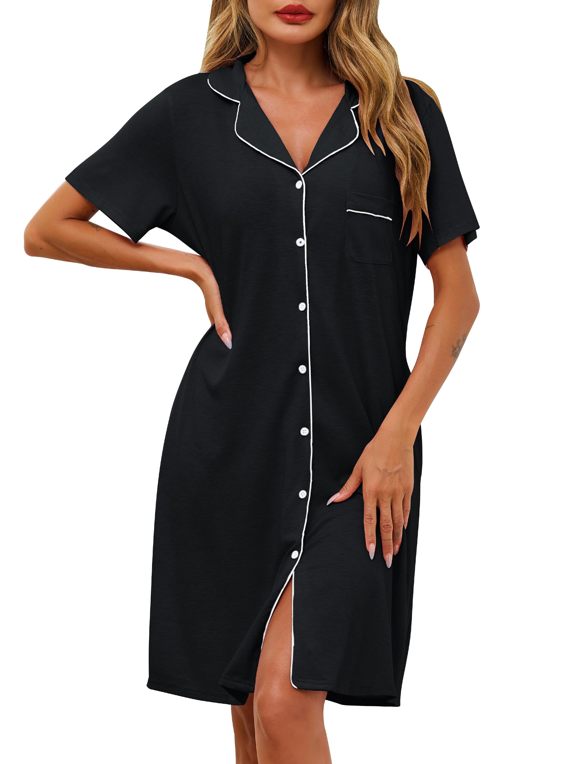 Lovasy Women's Cotton Nightgown Summer Short Sleeve Nursing Dress with V Neck Pa