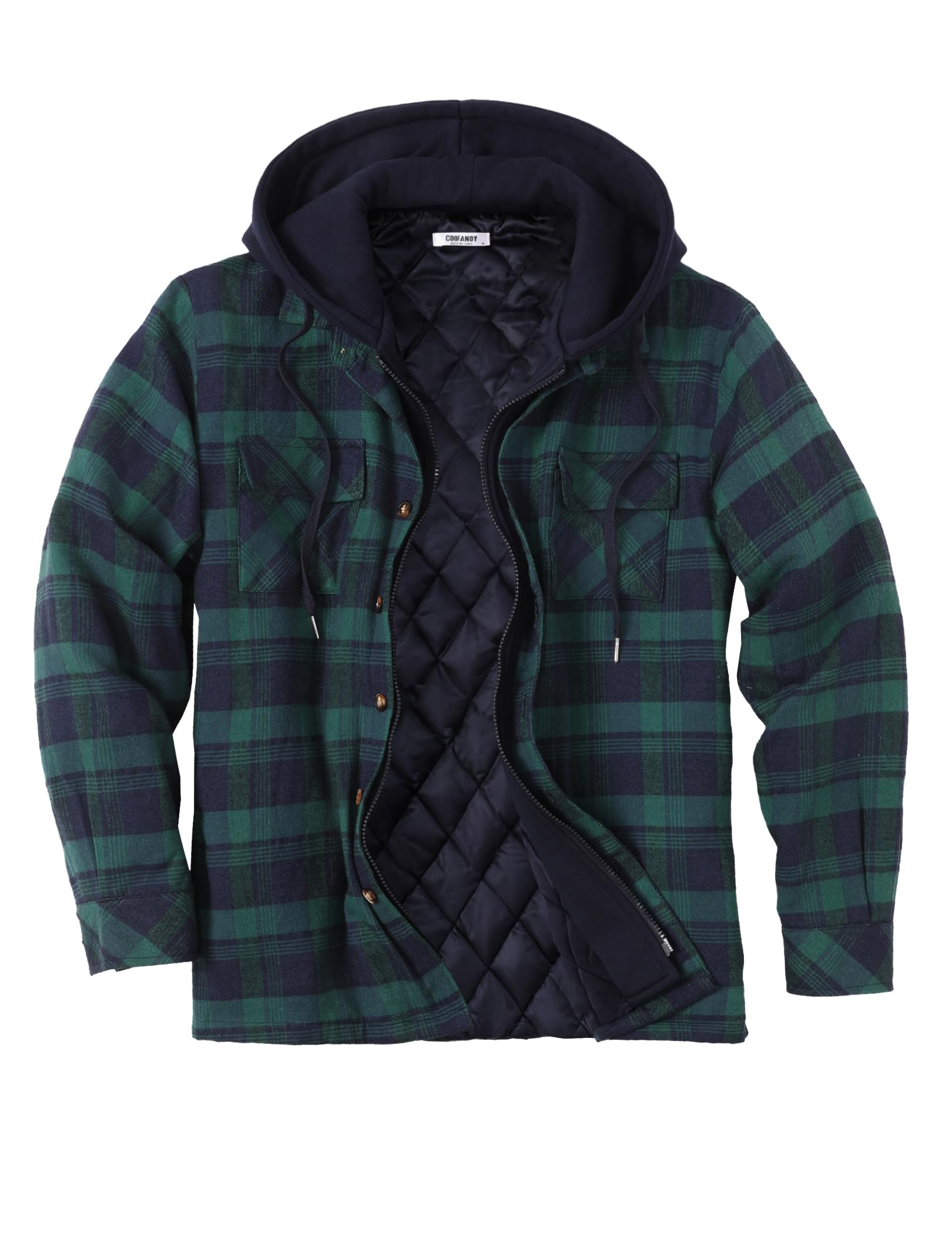 COOFANDY Men's Flannel Shirt Jacket Warm Quilted Lined Hooded Long Sleeve Plaid 
