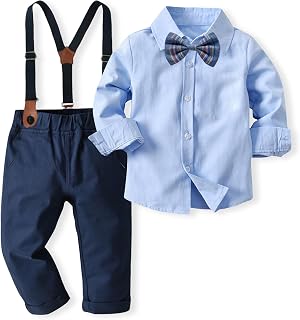 Volunboy Baby Boy Gentleman Set, Plaid Shirt with Bow Tie + Suspenders Pants 4 Pieces Suit Clothes