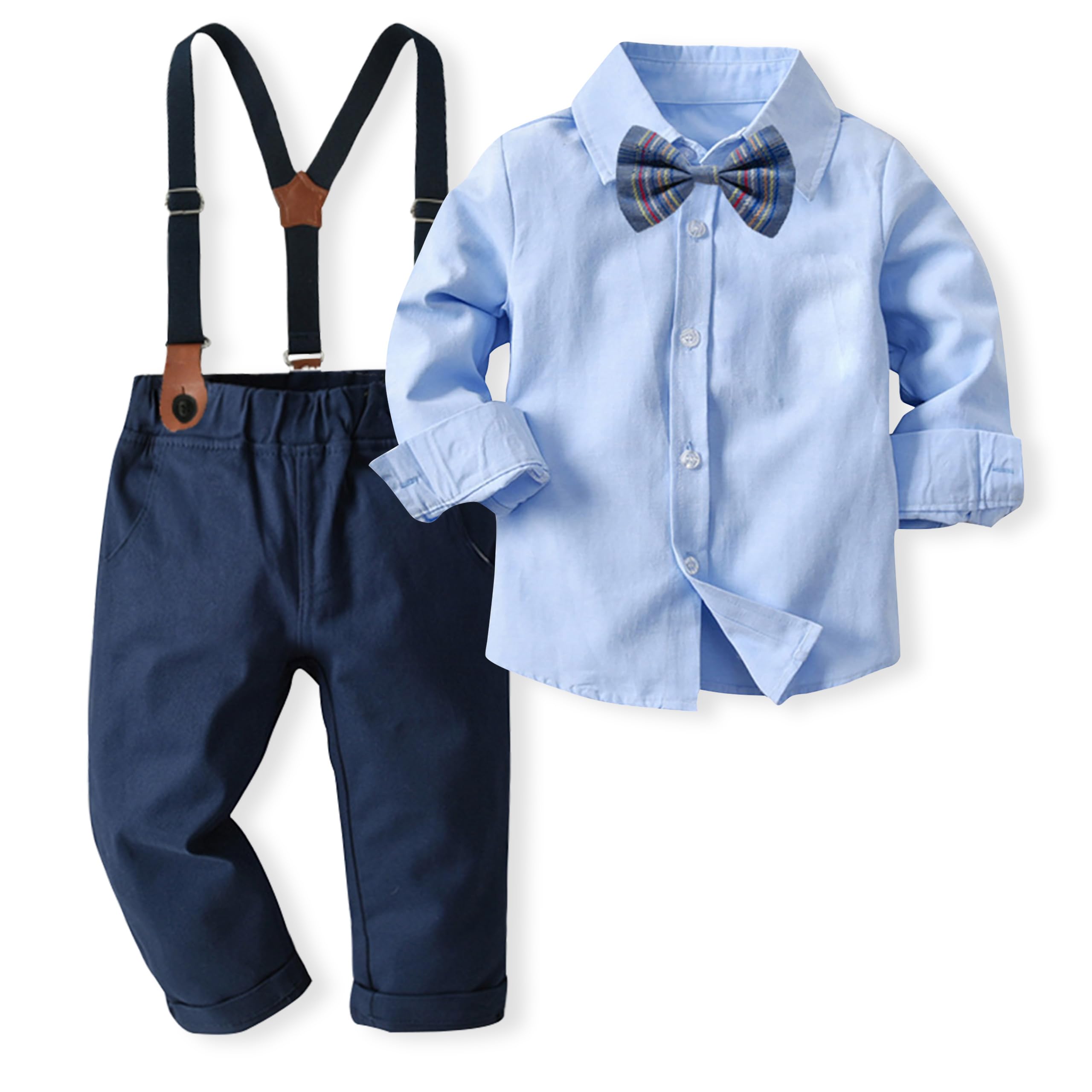 Volunboy Baby Boy Gentleman Set, Plaid Shirt with Bow Tie + Suspenders Pants 4 P
