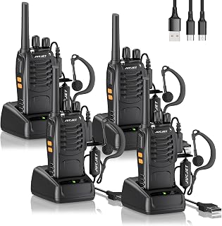 JUCJET BF-88E Walkie Talkies PMR446, 16CH with Earpieces, 4 Pack | Licence-free PMR446, 16 channels, earpieces included, Type-C cable, USB charging station, VOX, scan, LED torch, hotel teams
