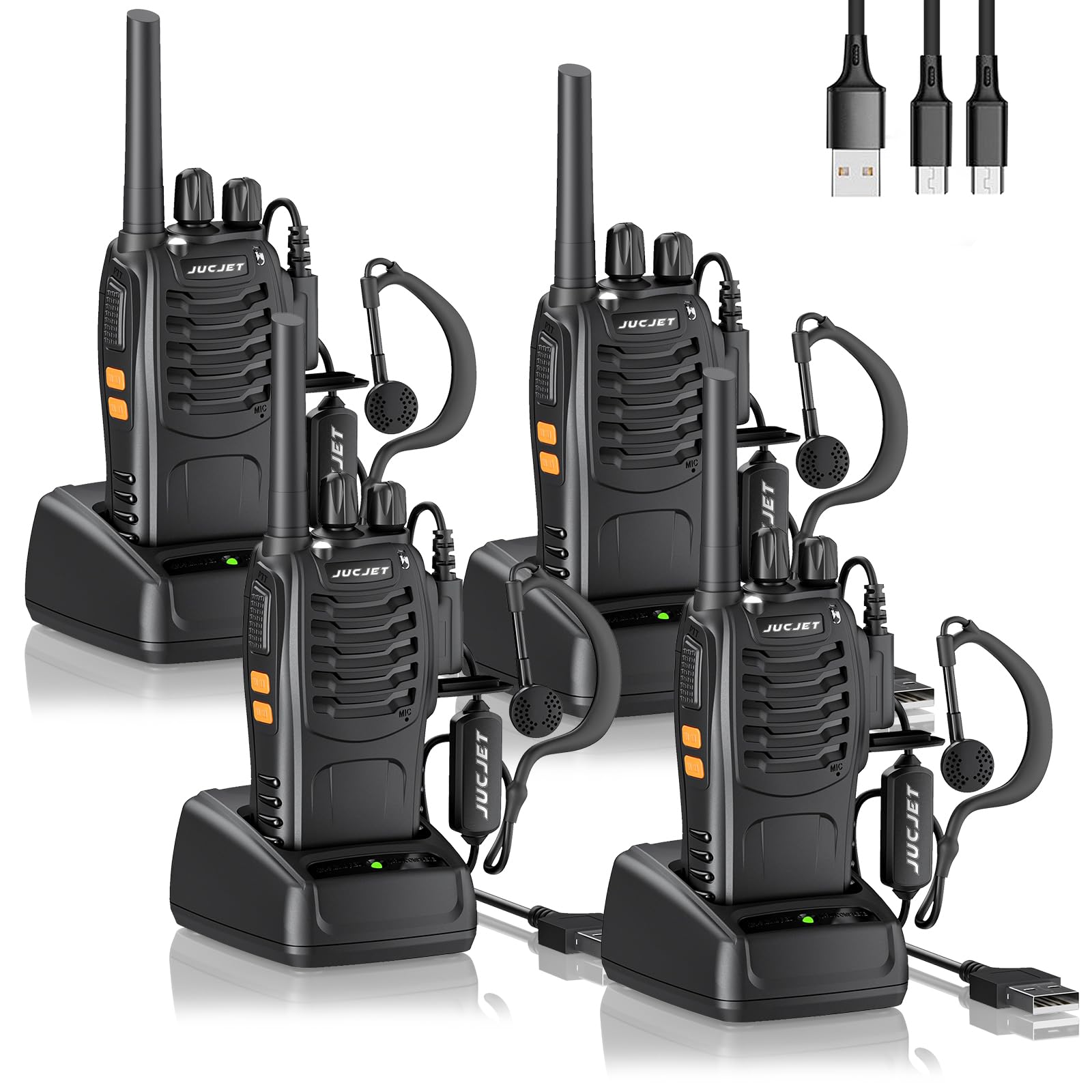 JUCJET BF-88E Walkie Talkies PMR446, 16CH with Earpieces, 4 Pack | Licence-free 