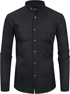 Alimens & Gentle Men's Banded Collar Dress Shirts Wrinkle Free Long Sleeve Mandarin Collar Button Down Shirt