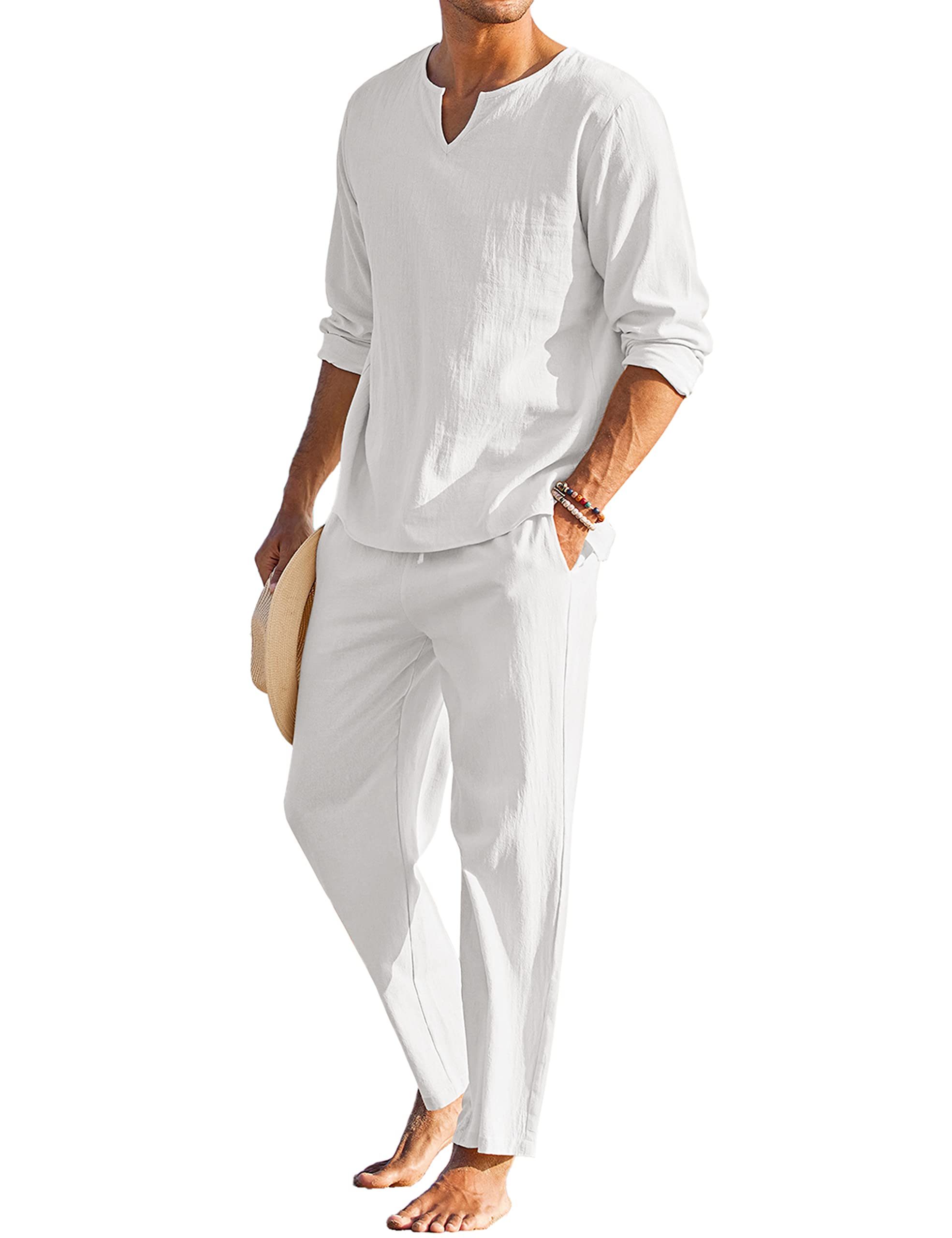 COOFANDY Men's 2 Pieces Cotton Linen Set Henley Shirt Long Sleeve and Casual Bea