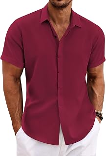 Coofandy Men's Casual Short Sleeve Linen Shirt Button Down Shirt Beach Summer Wedding