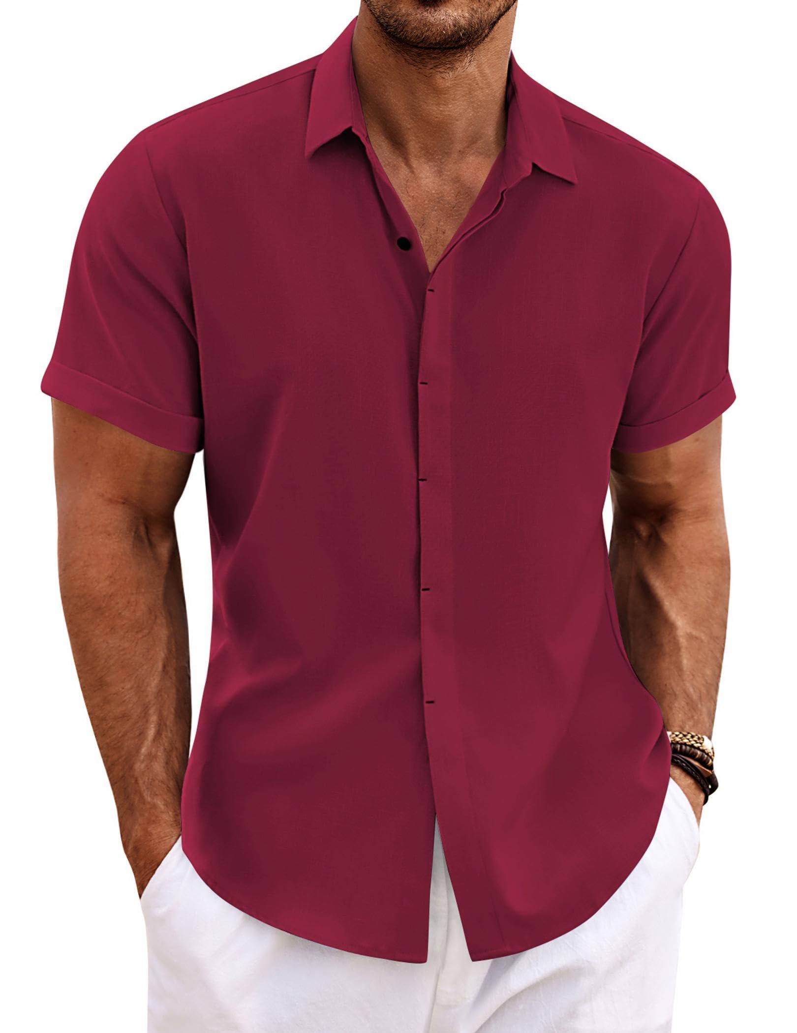 Coofandy Men's Casual Short Sleeve Linen Shirt Button Down Shirt Beach Summer We