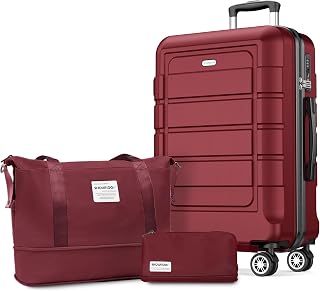 SHOWKOO Large Hard Suitcase 77 cm Trolley Hand Luggage Ultra Light ABS+PC Expandable Durable Travel Trolley Suitcase Set TSA Lock with Toiletry Bag and Travel Bag, Red
