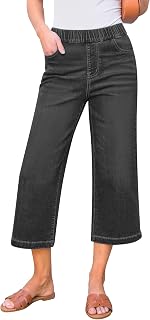 GRAPENT Capri Jeans for Women Wide Leg High Waisted Effortless Flow Pull On Stretchy Denim Elastic Waist Pants with Pockets