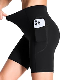 THE GYM PEOPLE ハイウエストヨガショーツ レディース 腹部コントロール フィットネス アスレチック ワークアウト ランニングショーツ 深いポケット付き