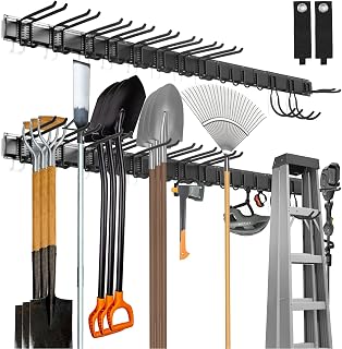 Sinoer 80 Inch Wall Mount Tool Organizer, Garage & Garden Storage Rack | Comes with 15 hooks & 2 straps; holds ski gears, rakes, shovels, chairs and garden hoses