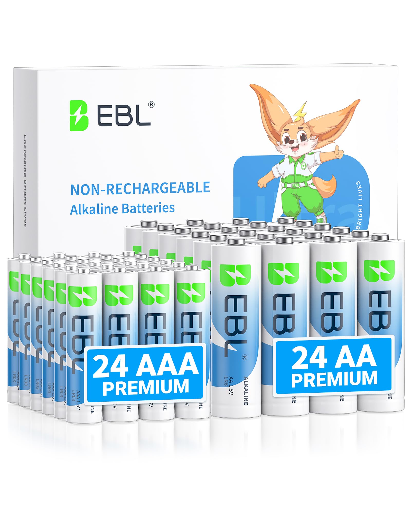 EBL AAA AA Batteries Alkaline 1.5V 48 Pack, Includes 24 AA and 24 AAA