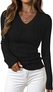PRETTYGARDEN Women V Neck Cable Knit Long Sleeve Ribbed Fitted Pullover Tops Business Casual Autumn Outfits