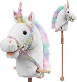 HollyHOME Unicorn Stick Horse, Hobby Horse for Girls,Wood Handles&Wheel,36” | Handcrafted Horse Toy Gift, White Soft Plush,Real Pony Neighing Galloping Sounds,Imaginative Pretend Play,Balance Development