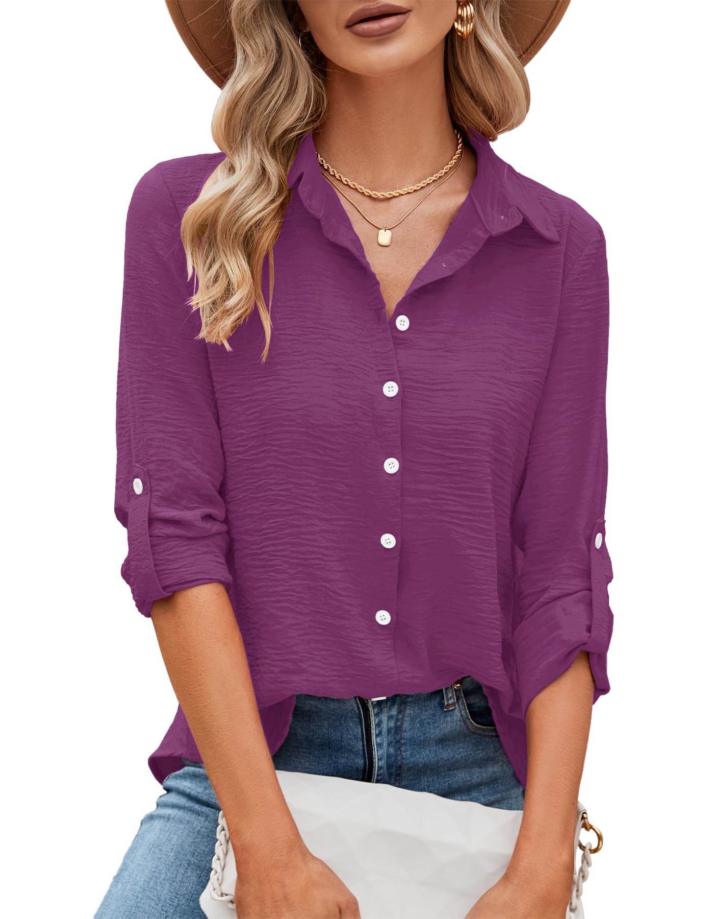 Odosalii Womens Button Down Shirts Loose Fit Blouses Business Casual Tops