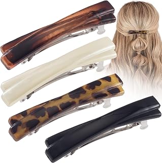 4 Pieces French Barrette Hair Clips for Women, 2.56" Small Tortoise Shell Hair Clip Accessories for Women (Black, White, Leopard Color, Amber)