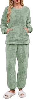 UMIPUBO Women's Winter Fleece Pyjamas Warm Fleece Pyjamas Set Two Piece Winter Thermal Jumpsuit Home Long Sleeve Top and Lounge Pants Soft Sleepwear with Pockets