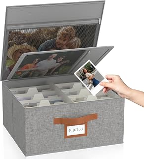 Decorative Photo Storage Box with Zipper Hold Up to 2000 4x6 Pictures, Grey | Linen Photo Box Organizer, 8 Dividers, Handle Design, Archival Memory Keepsake Boxes for Photo, Scrapbook, Cards, Stamps