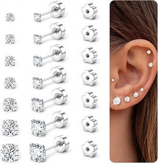 Flat Back Stud Earrings for Women Men 20G Hypoallergenic Surgical Steel Set | 14K Real Gold Plated Small Screw Flatback Earrings Stack Tiny CZ Silver Cartilage Earring Helix Tragus Piercing Jewelry 2‑6mm